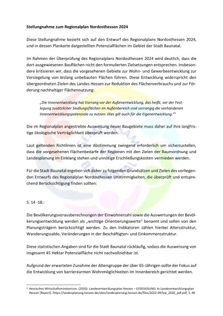 Stellungnahme der Interessengemeinschaft "GEMEINSAM für BAUNATAL" zum Entwurf des Regionalplan Nordosthessen 2024