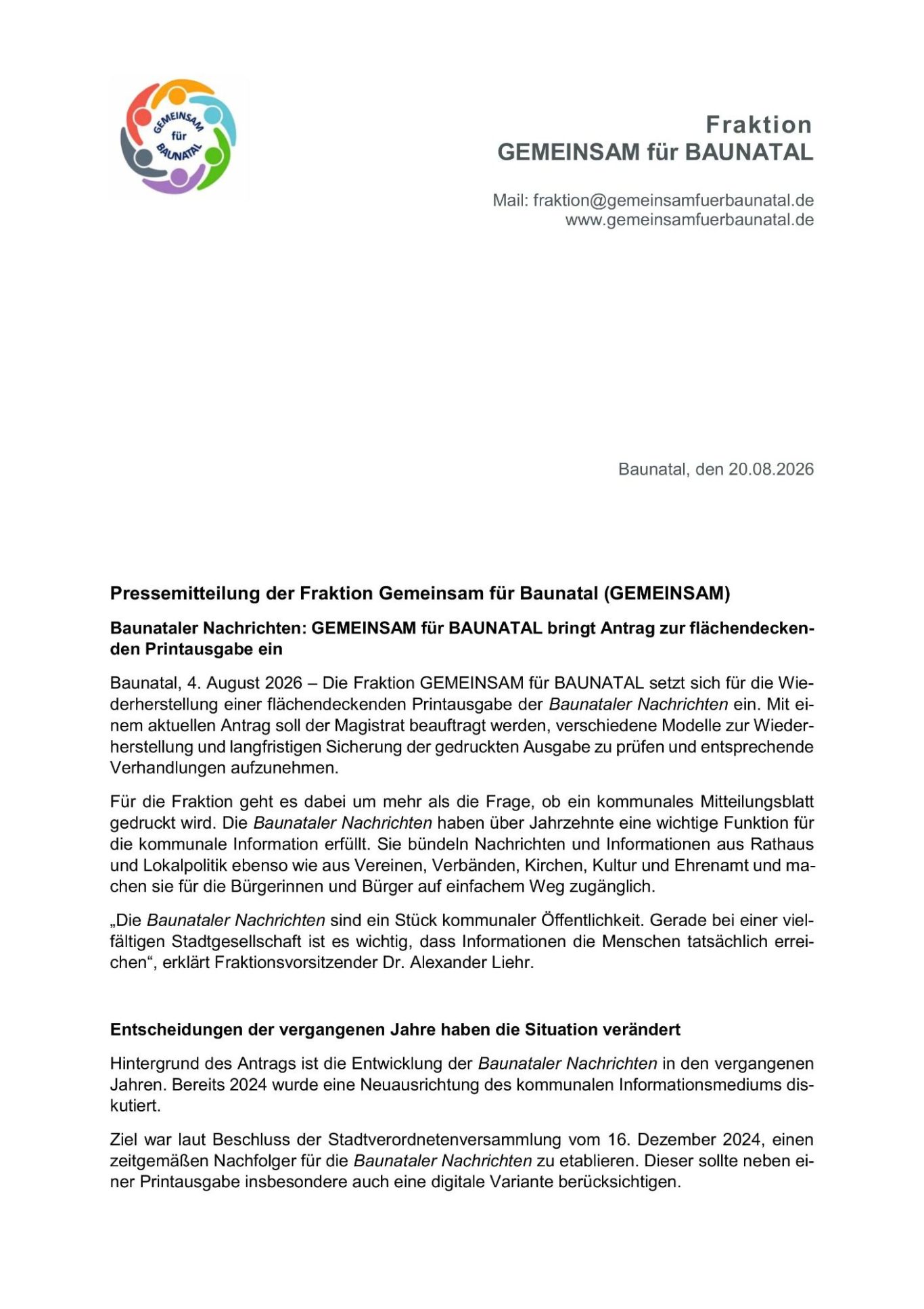 GEMEINSAM für BAUNATAL - Pressemitteilung Baunataler Nachrichten 1
