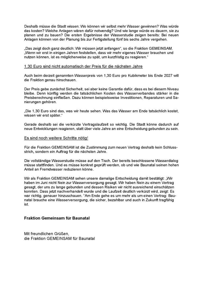 GEMEINSAM für BAUNATAL - Pressemitteilung Änderungsvertrag zum Wasserlieferungsvertrag 2