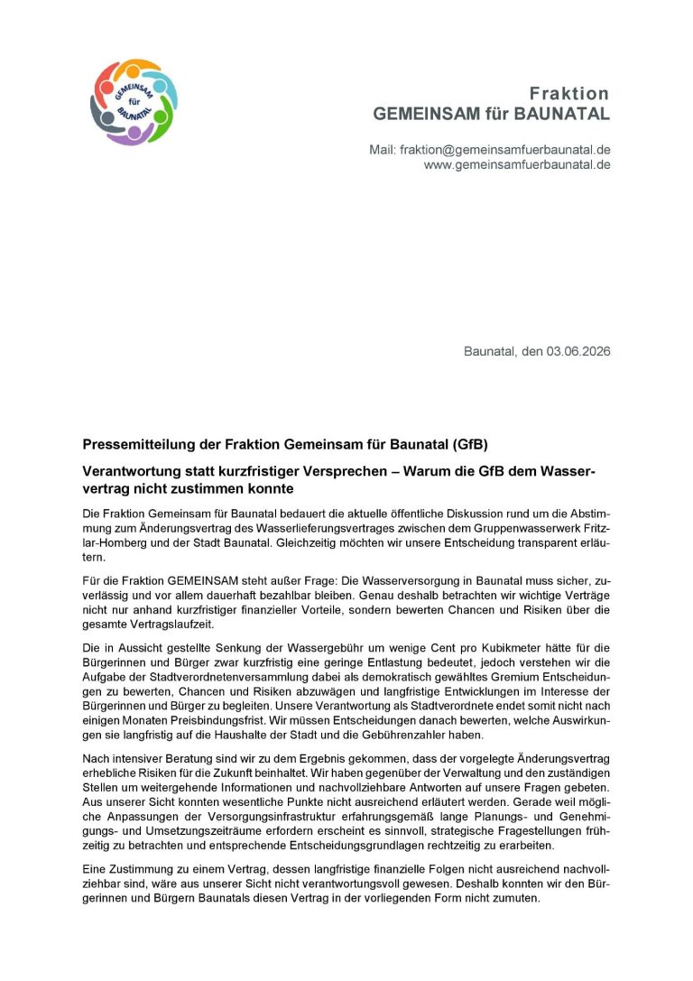 GEMEINSAM für BAUNATAL - Pressemitteilung GEMEINSAM für BAUNATAL - Pressemitteilung