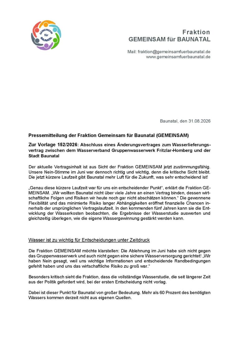 GEMEINSAM für BAUNATAL - Pressemitteilung Änderungsvertrag zum Wasserlieferungsvertrag 1
