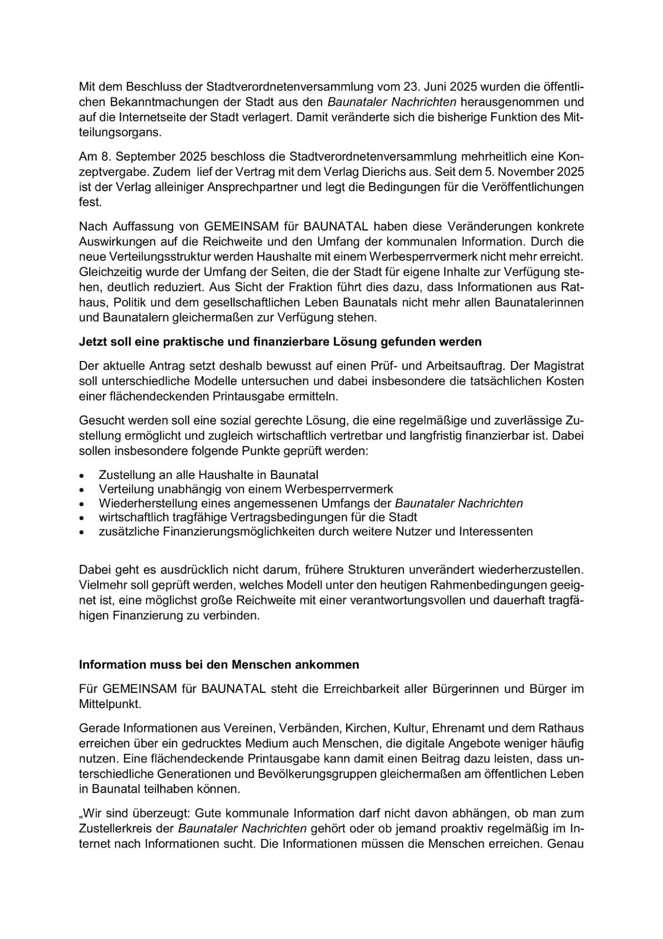 GEMEINSAM für BAUNATAL - Pressemitteilung Baunataler Nachrichten 2